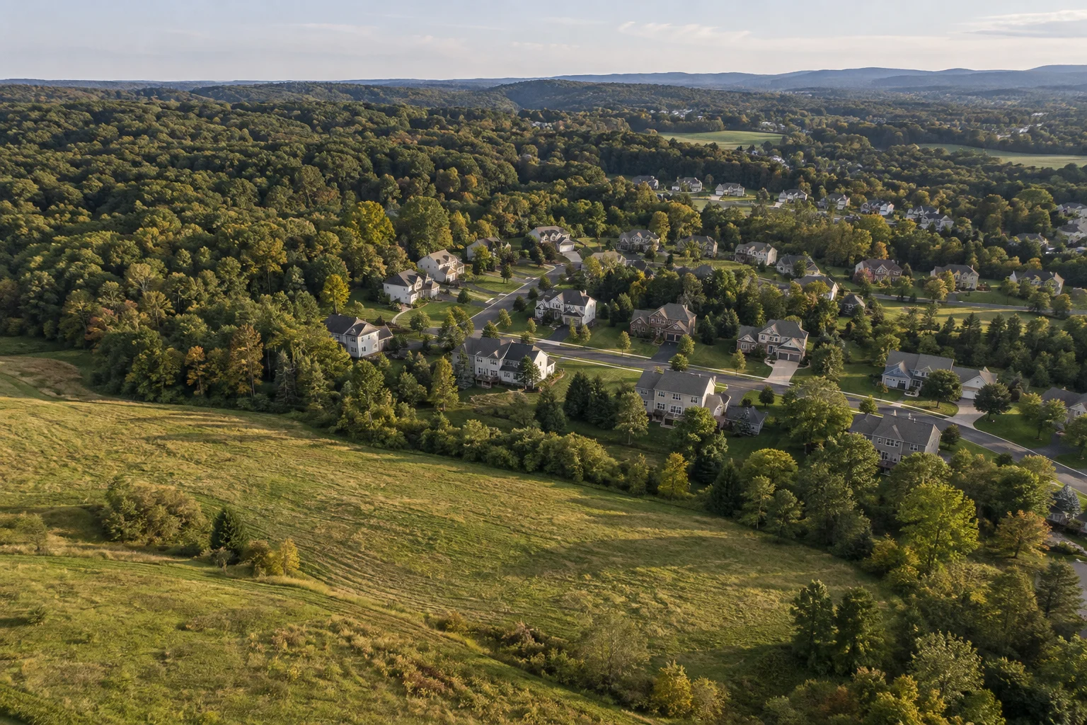 Conceptual aerial view of a residential neighborhood beside woodland and open land.